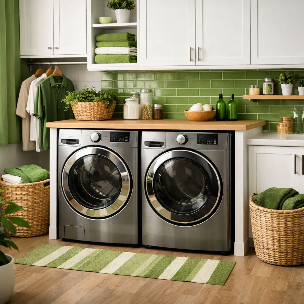 Modern energy-efficient laundry appliances in a green-themed laundry room