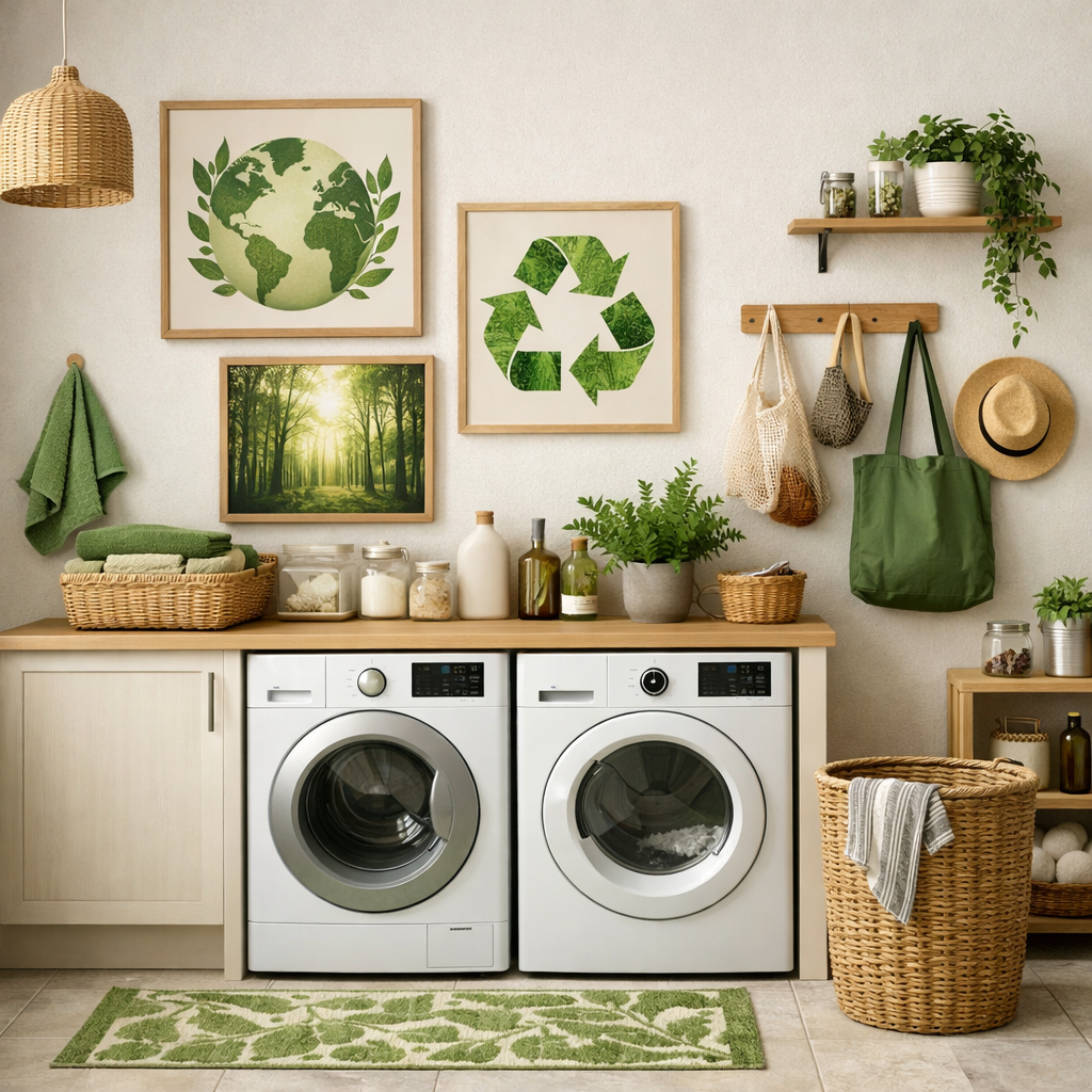 Bright and inviting laundry room with green decor accents, showcasing eco-friendly artwork, plants, and organized storage.