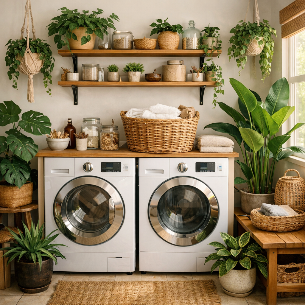 A bright laundry room adorned with various indoor plants, featuring white washing machines and wooden shelves with decorative items.