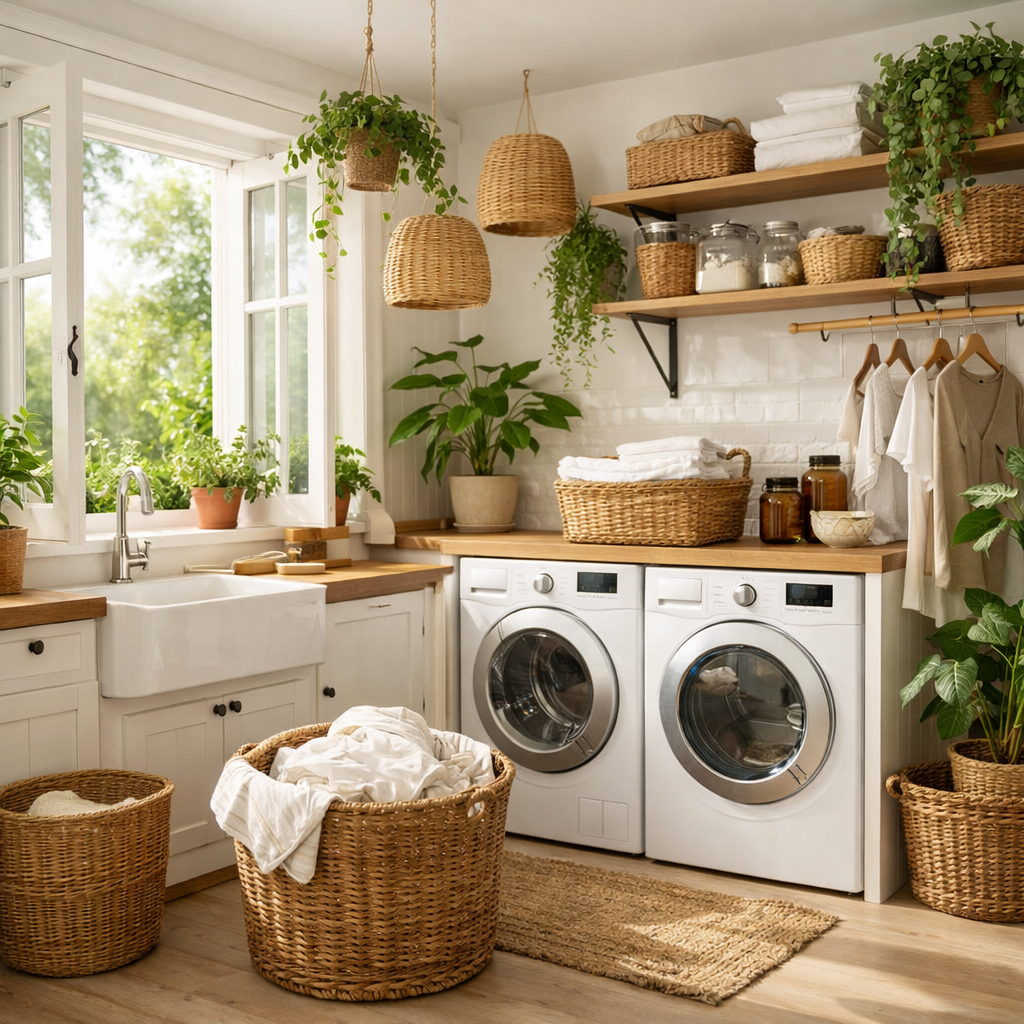 Bright and airy laundry room with natural light, plants, and wooden storage.