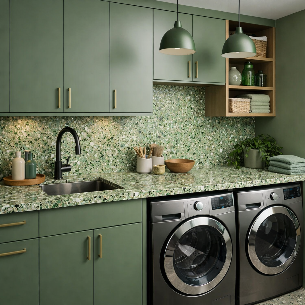 A modern laundry room featuring green recycled material countertops and green cabinets