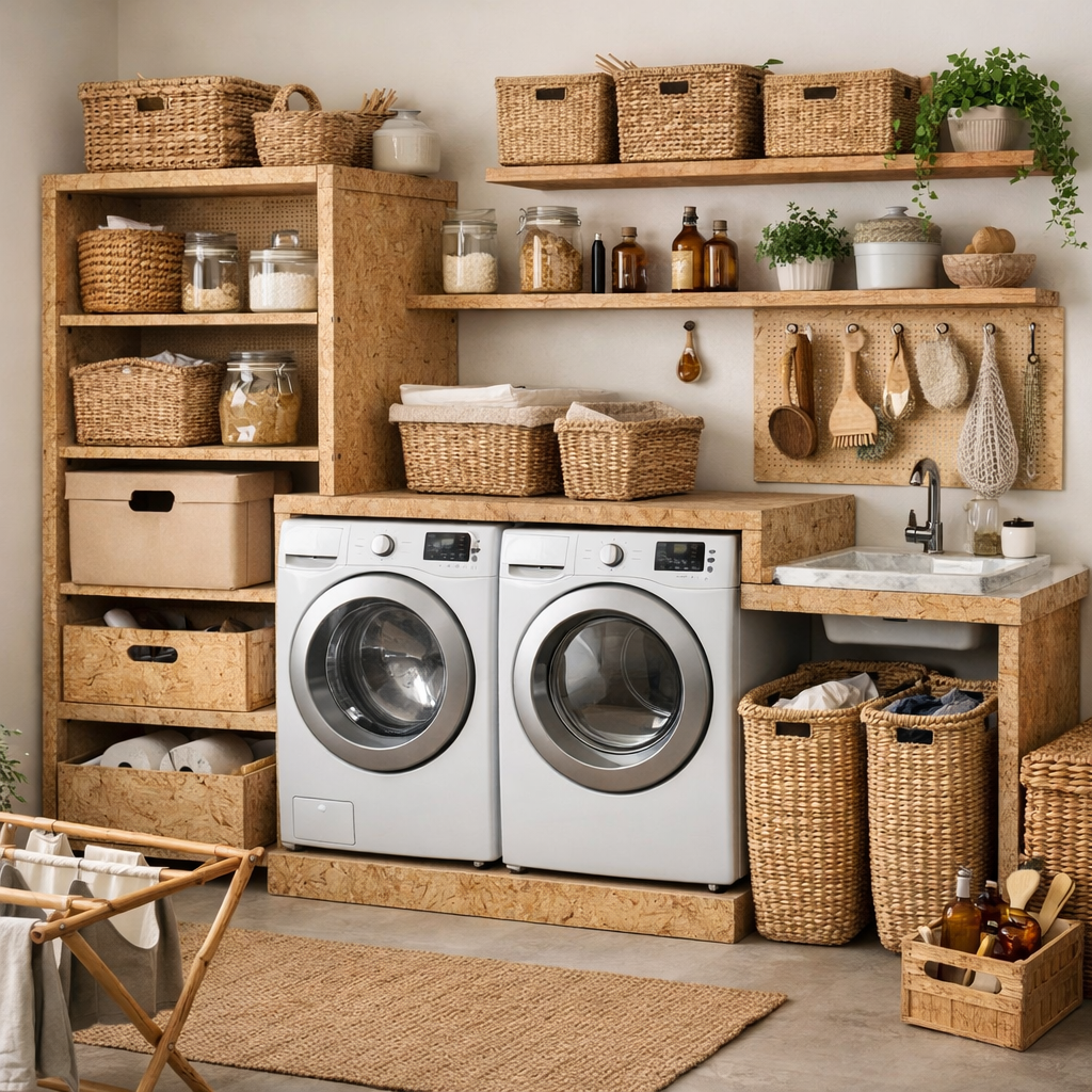 A stylish laundry room featuring wooden shelves, woven baskets, and plants, emphasizing sustainable storage solutions.