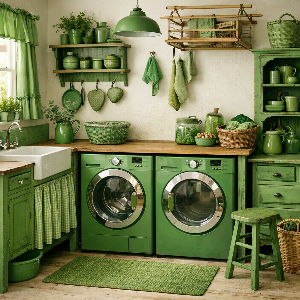 A beautifully designed green laundry room featuring upcycled furniture and accessories, creating a vibrant and inviting space.