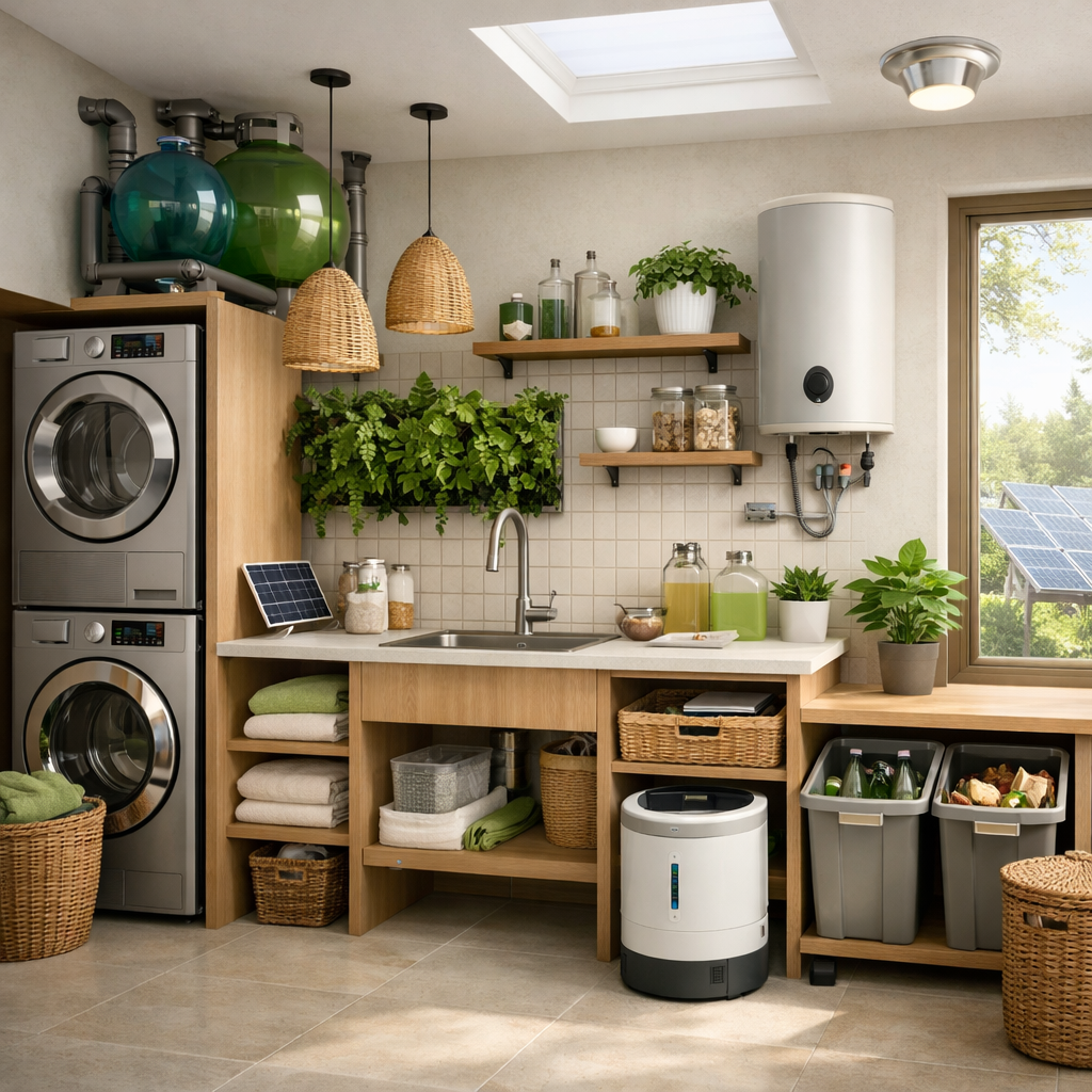 A green-themed laundry room featuring water-saving fixtures, plants, and efficient appliances.