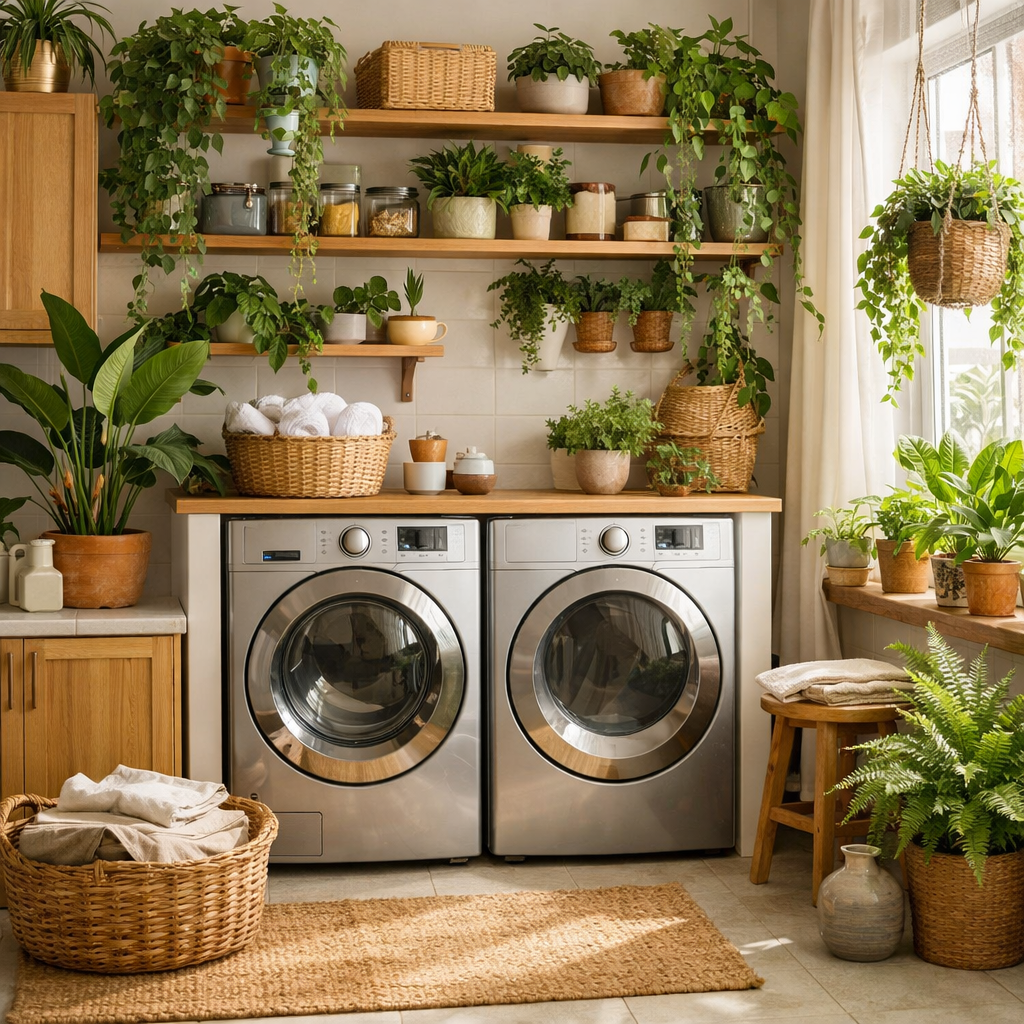 A beautifully decorated laundry room with plants, shelves, and modern appliances
