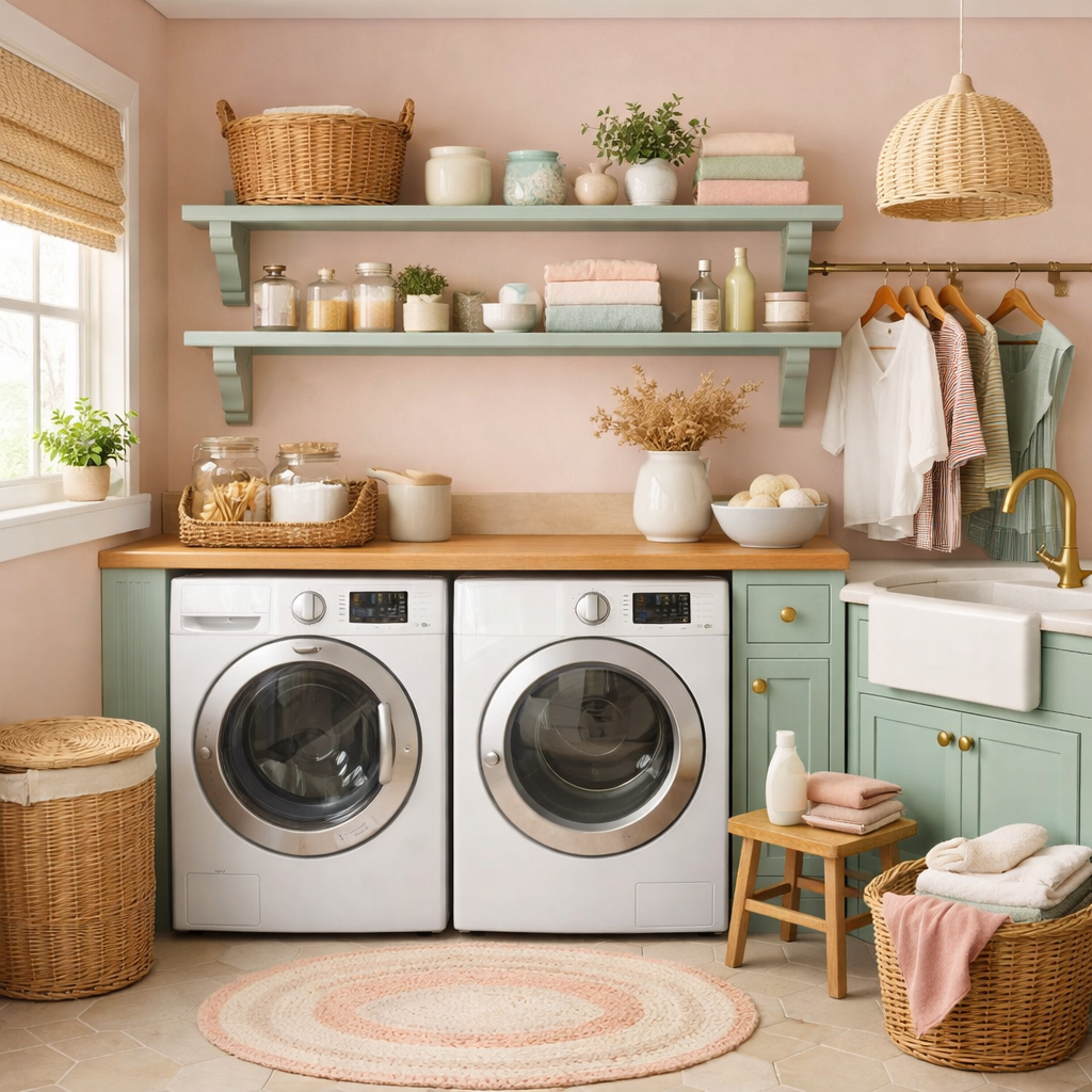 A beautifully designed laundry room showcasing pastel colors and natural materials.