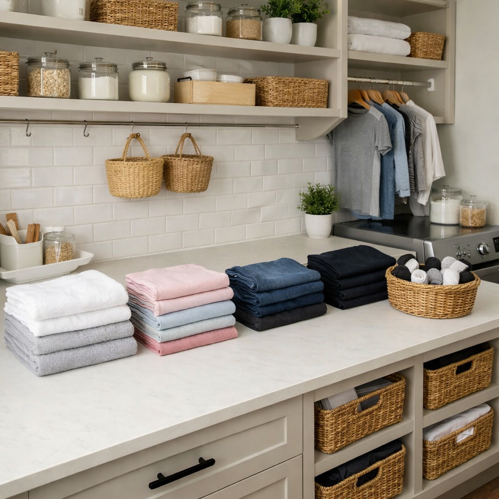 A neatly organized laundry room with towels stacked in various colors and a clean folding station.
