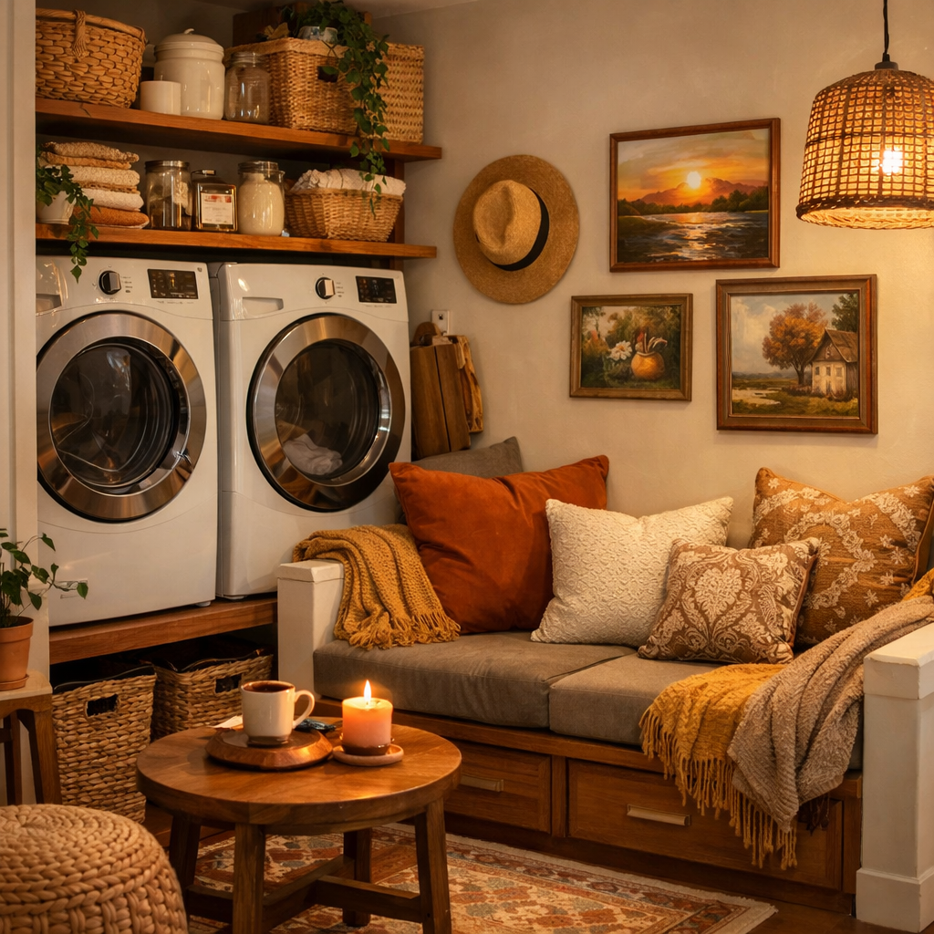 Cozy laundry nook featuring washing machines, decorative baskets, comfortable seating, and warm decor.