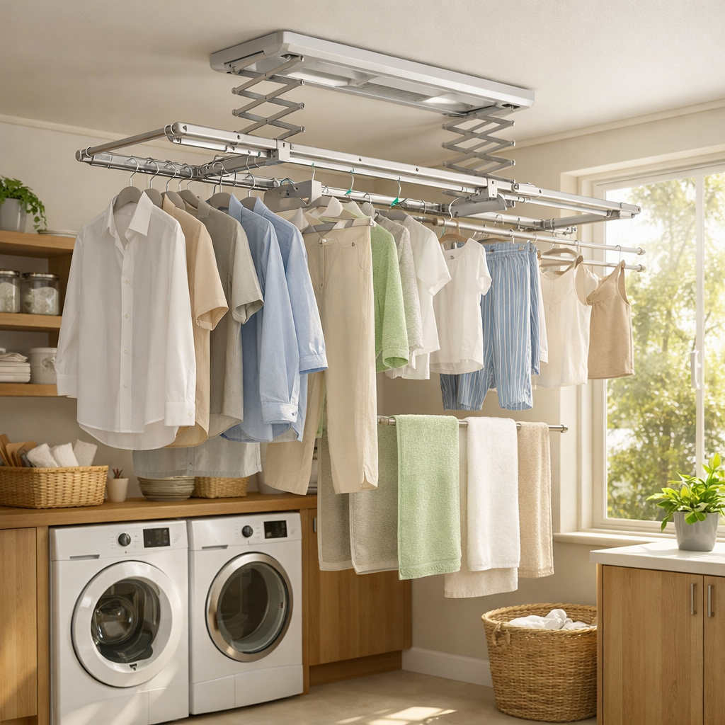 A modern laundry room featuring a ceiling-mounted drying rack with various clothes and towels hanging to dry, alongside a washing machine and wooden cabinets.