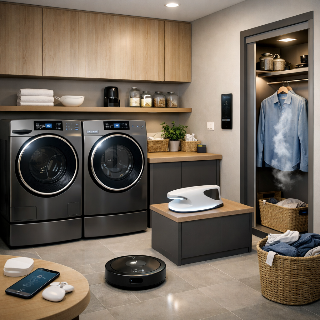 A modern laundry room featuring smart appliances, a robot vacuum, and a steam closet.