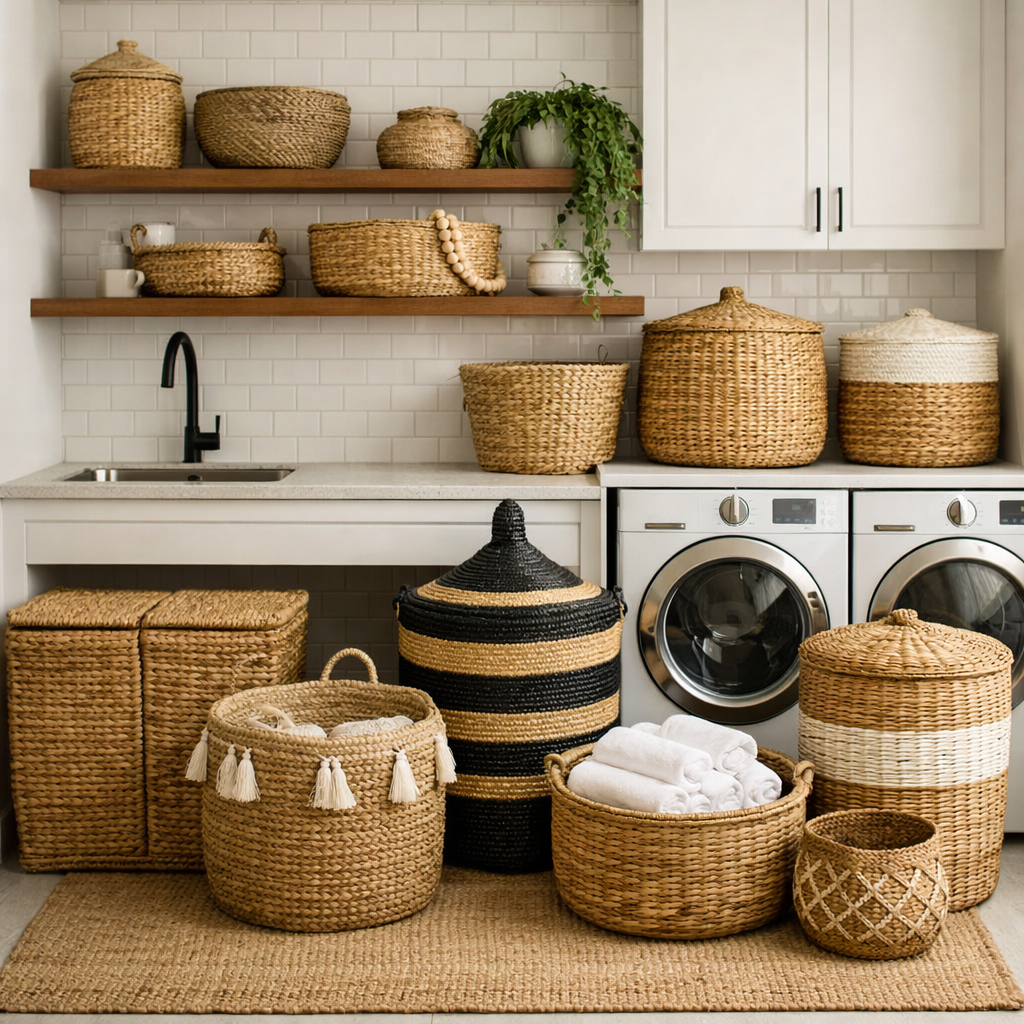 Stylish wicker baskets and hampers organized in a modern laundry room setting.