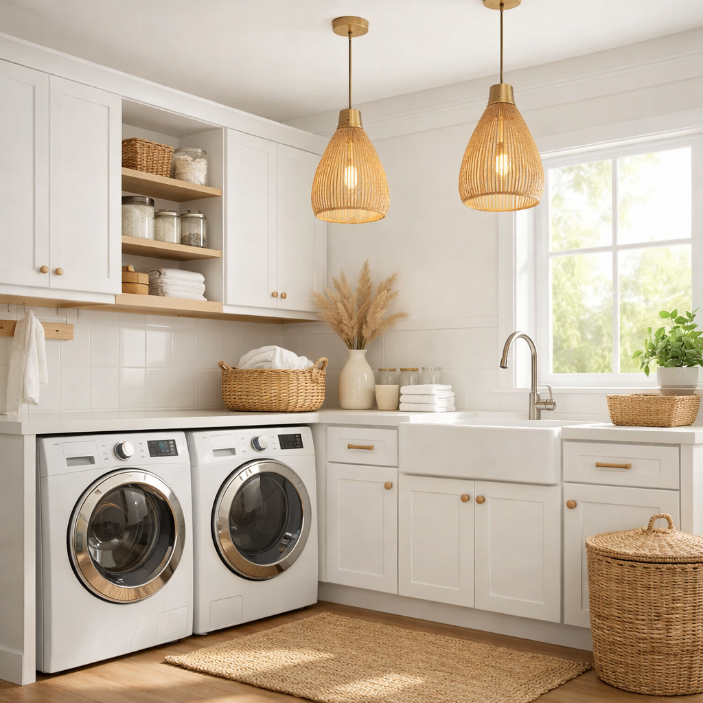 Stylish laundry room with efficient pendant lighting and natural light from window.