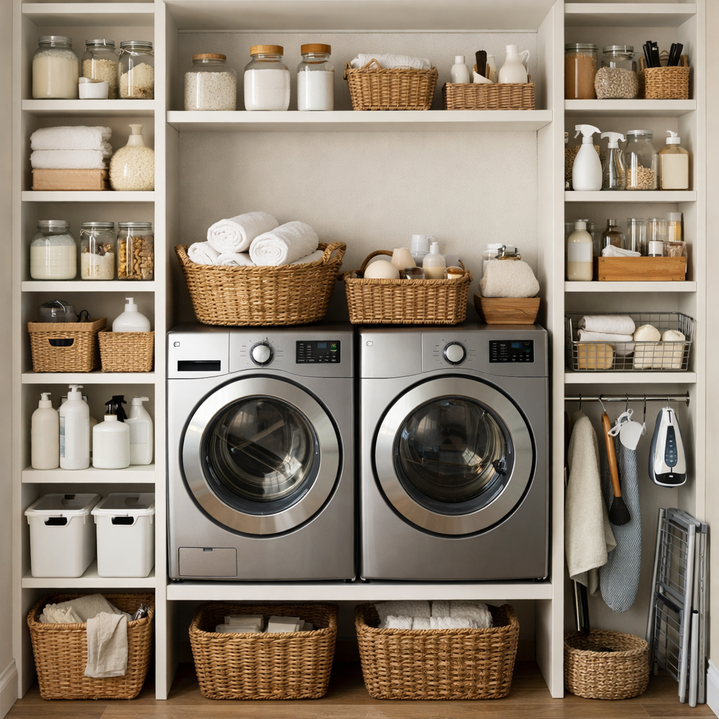 A neatly organized laundry room with vertical storage, featuring shelves filled with jars and baskets.