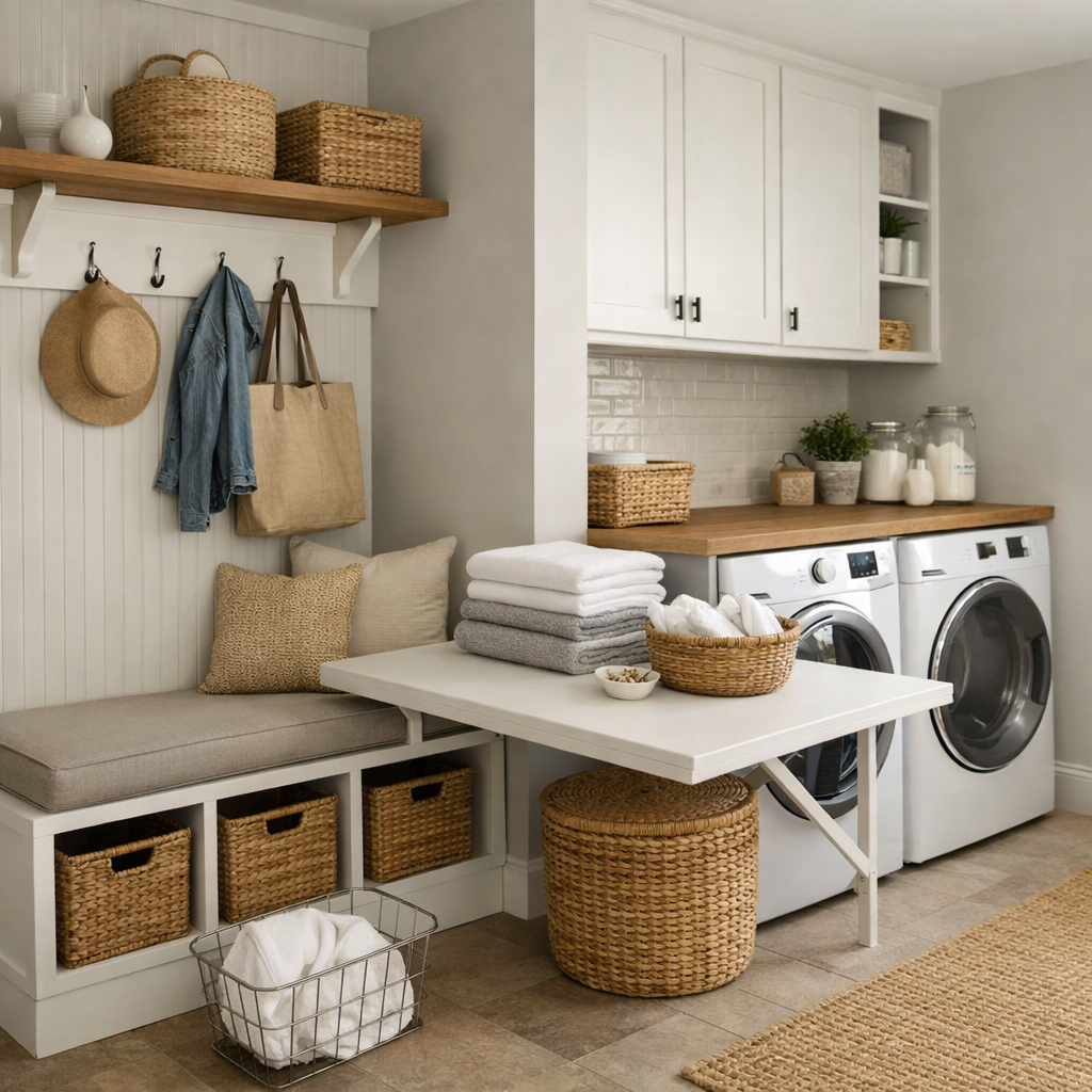A well-organized laundry room featuring multi-functional furniture, including a bench with storage, a folding table, and various baskets.