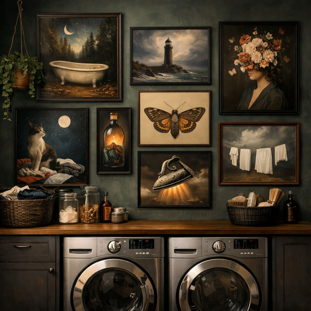 A cozy laundry room with various pieces of wall art including landscapes, butterfly, and a cat, enhancing the mood of the space.