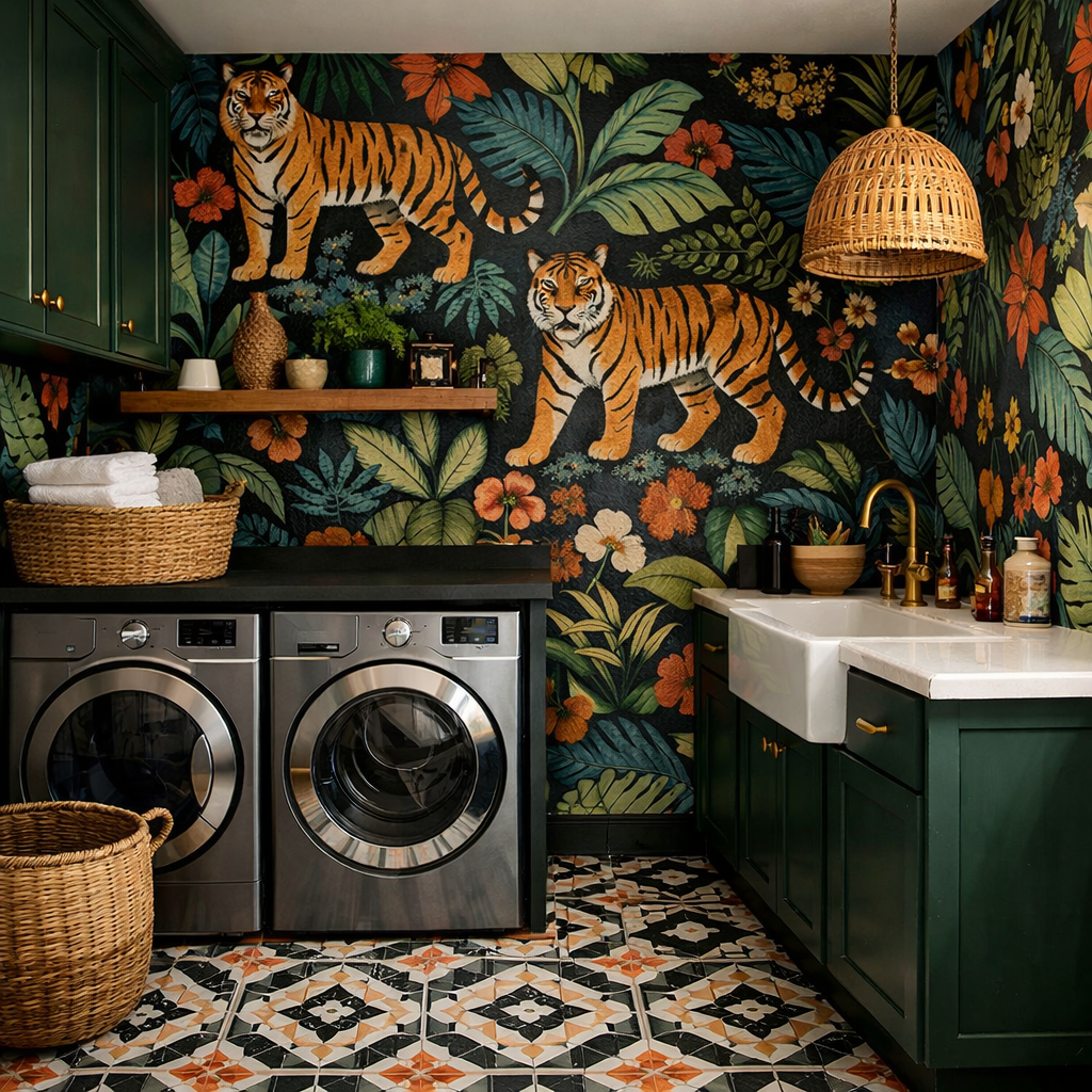 A stylish laundry room featuring bold tiger-themed wallpaper, lush foliage, modern appliances, and patterned tiles.