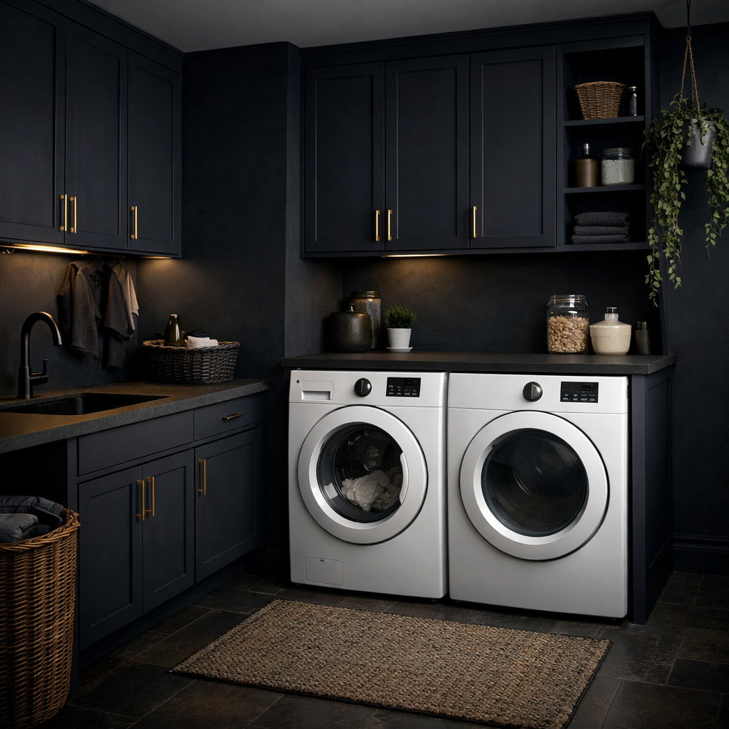 A stylish laundry room with dark cabinetry, white appliances, and warm lighting.