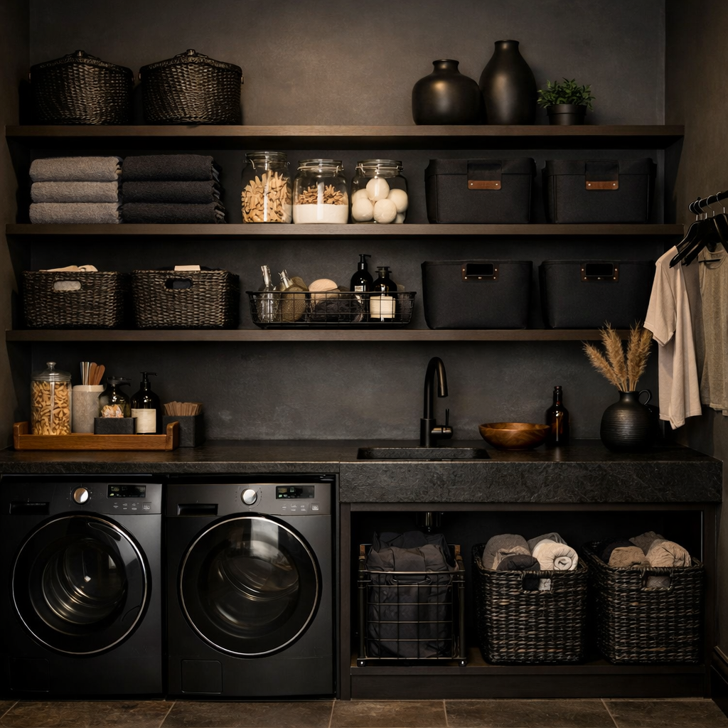 Moody laundry room with stylish storage solutions including shelves, baskets, and sleek appliances.