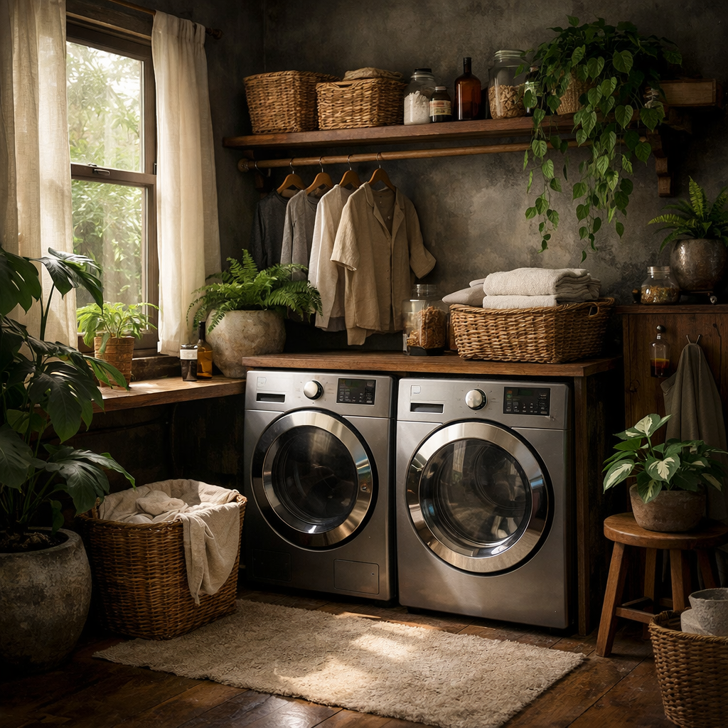 A cozy laundry room featuring natural elements, including plants, wooden shelves, and woven baskets