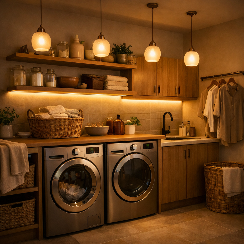 A cozy laundry room with warm lighting and organized shelves.