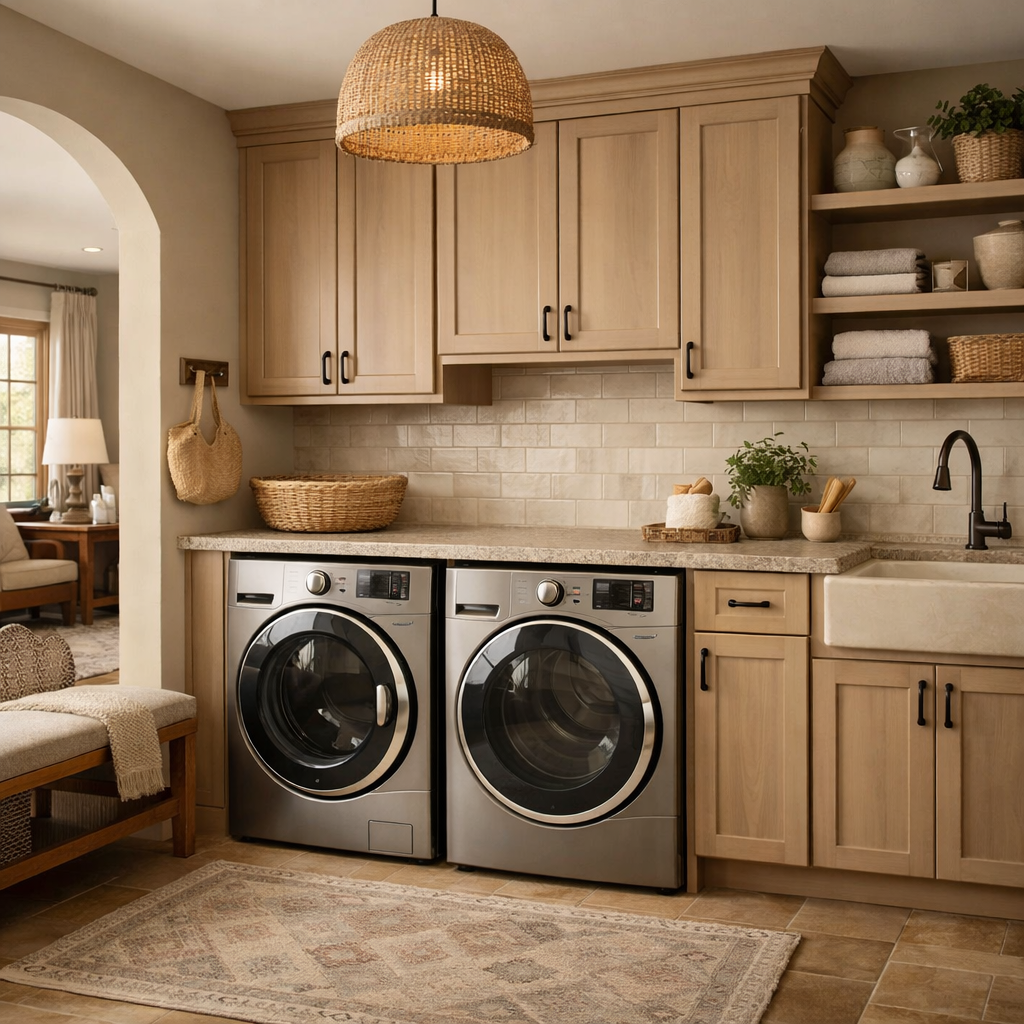 A moody and stylish laundry room featuring modern appliances, warm wood cabinetry, and decorative elements.