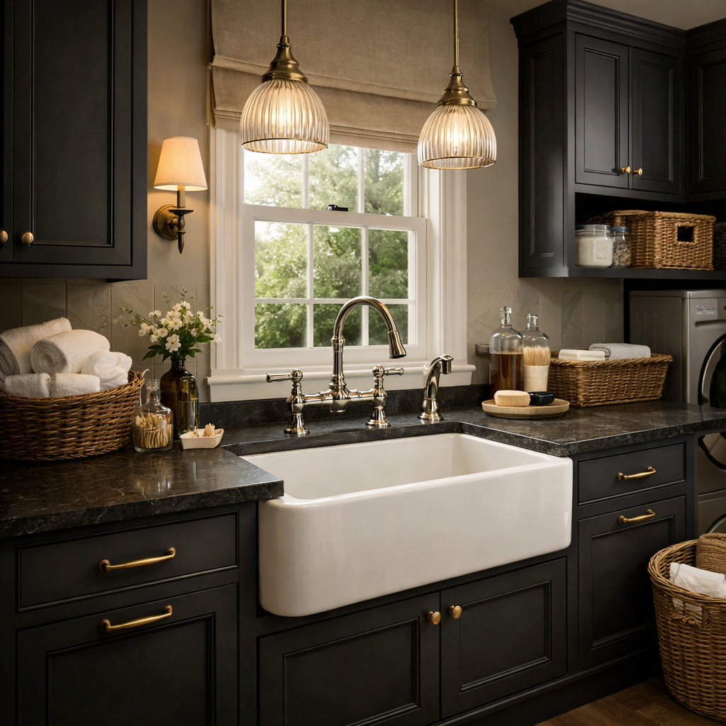 Sophisticated laundry sink design featuring a farmhouse sink, brass fixtures, and elegant lighting