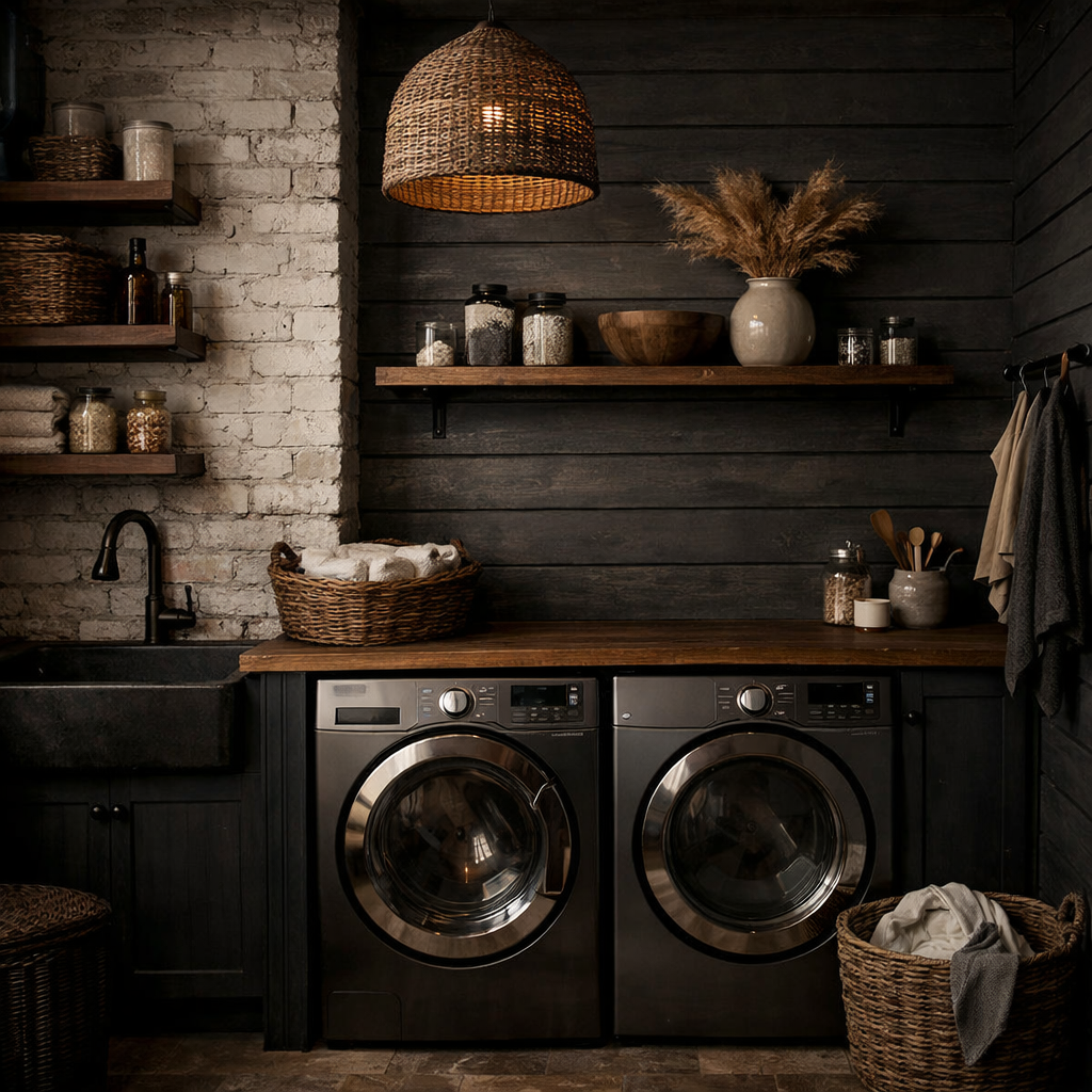 A moody laundry room featuring textured walls, with a rustic stone and dark wood panel design, two modern washing machines, and decorative storage elements.