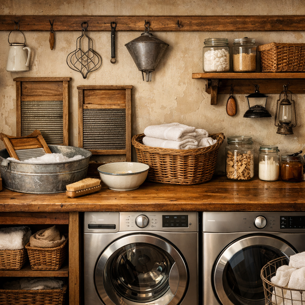 A vintage-inspired laundry room featuring wooden shelves, antique washboard, and modern washing machines.