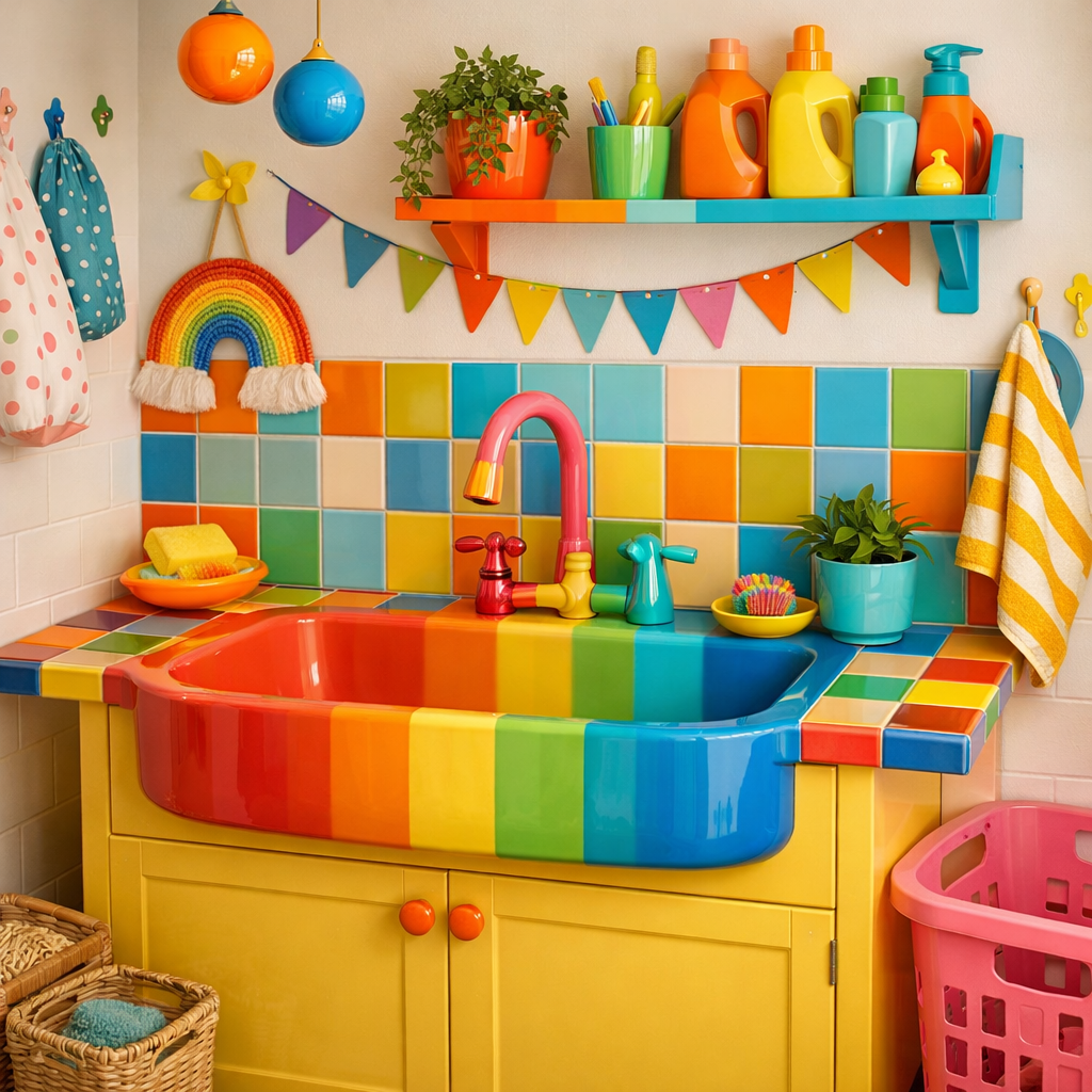 A colorful laundry room sink with rainbow tile and bright accessories.