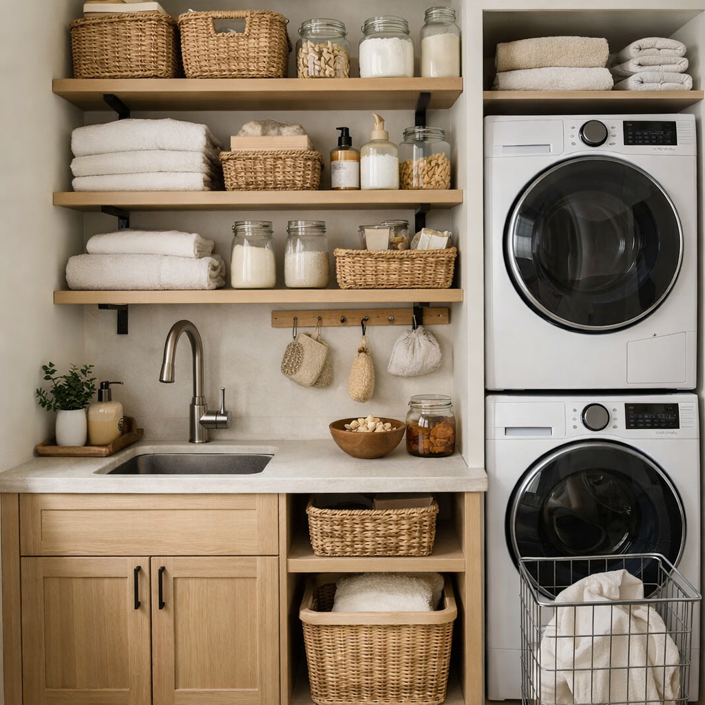 Compact sink with wooden shelves and organized laundry essentials