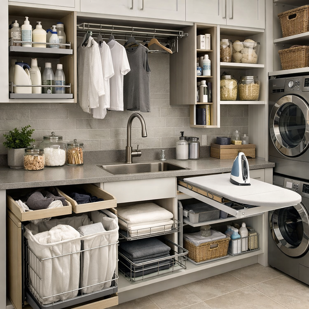 A well-organized laundry room featuring a sink, detergent storage, hanging rods for clothes, and an ironing board