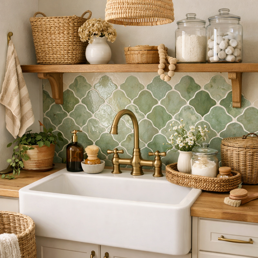 A beautifully decorated laundry room sink featuring a farmhouse style sink with a brass faucet, green tiled backsplash, and natural decor elements.