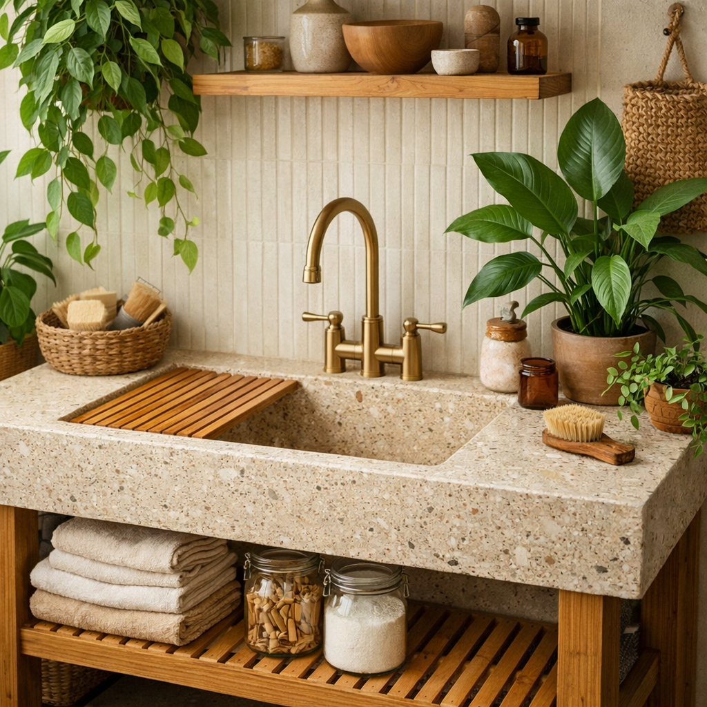 An eco-friendly laundry room sink with natural materials, golden faucet, and decorative plants.