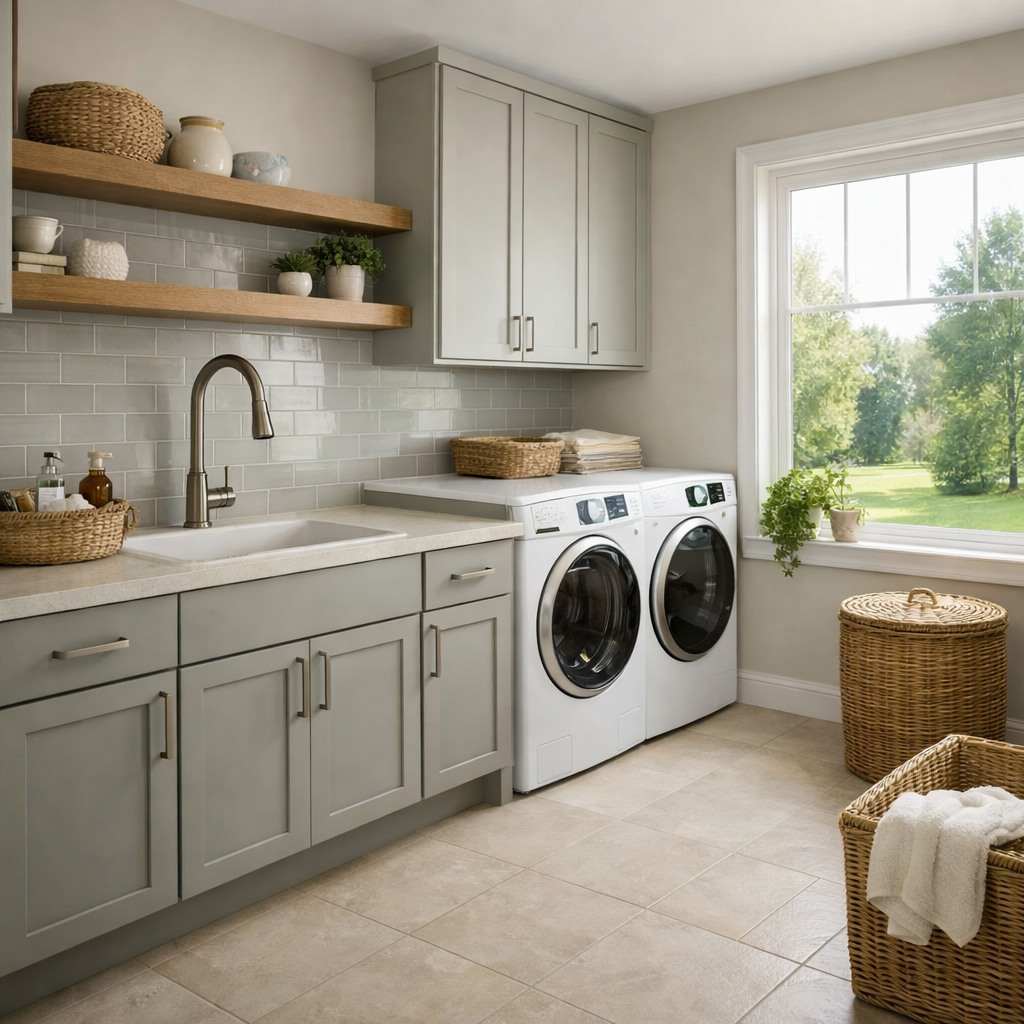 A modern laundry room featuring a utility sink, washer, and stylish storage.