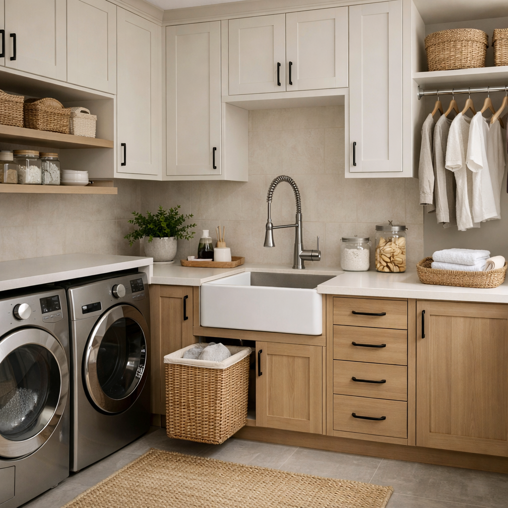 A modern laundry room featuring a large farmhouse sink, stainless steel washing machines, and wooden cabinets with stylish organizational items.