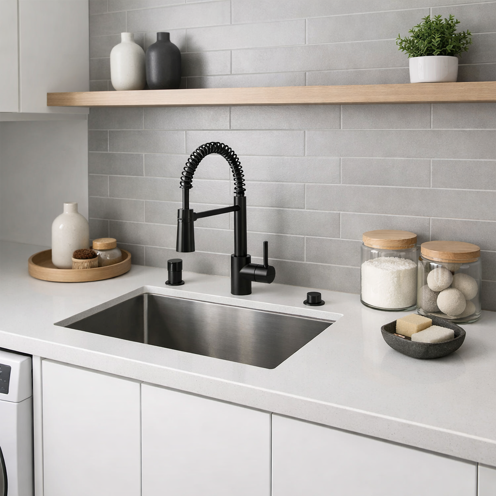 Modern black faucet with stainless steel sink in a laundry room setting