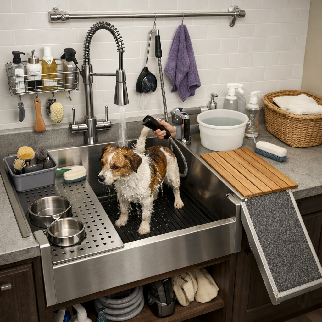 A multi-functional laundry room sink with a dog being washed, featuring storage for cleaning supplies and pet bowls.