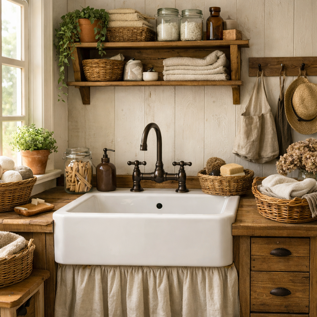 A stylish farmhouse sink design in a laundry room with wooden shelves, baskets, and natural decor.