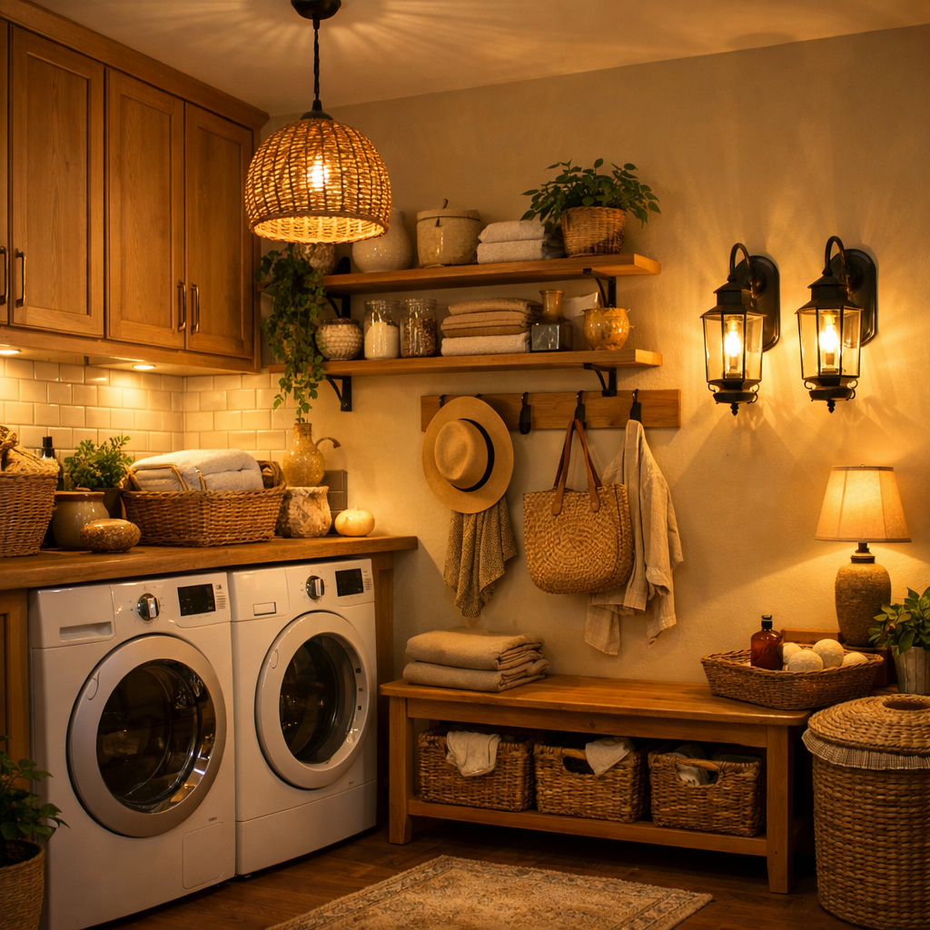 Charming laundry room with warm lighting fixtures and a cozy atmosphere