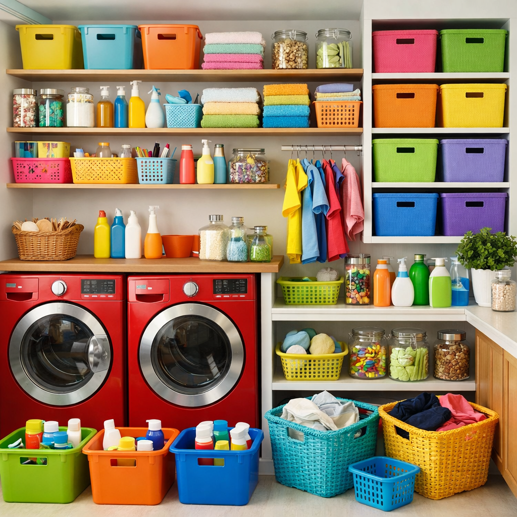 Colorful storage solutions in a laundry room with stacked towels, vibrant baskets, and organized cleaning supplies.