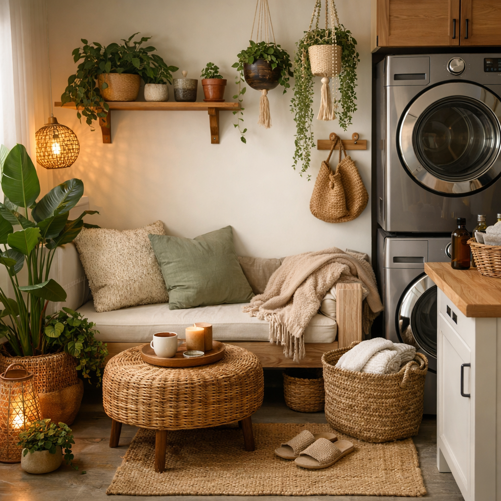 Cozy laundry room nook with plant decor and comfortable seating.