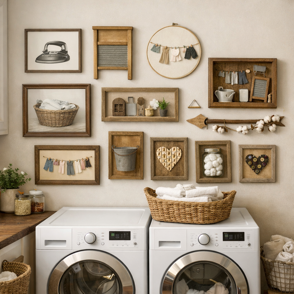 A stylish laundry room wall decorated with framed art, including vintage laundry items and colorful mini clothes.