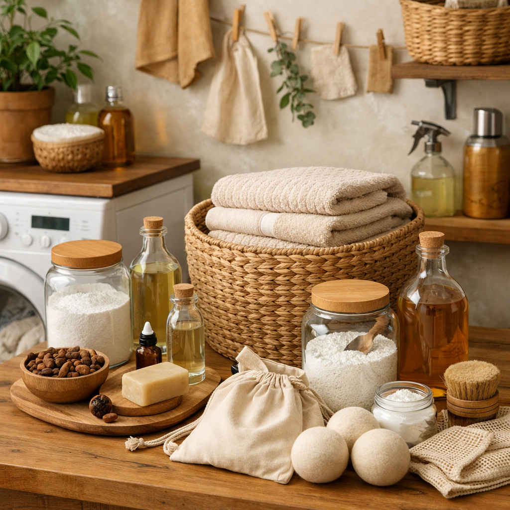 Eco-friendly laundry room with natural products and neatly stacked towels.