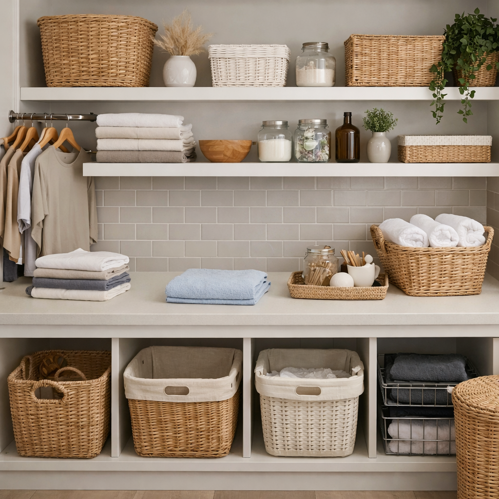 Organized laundry room with folding station, shelves of folded clothes, and storage baskets.
