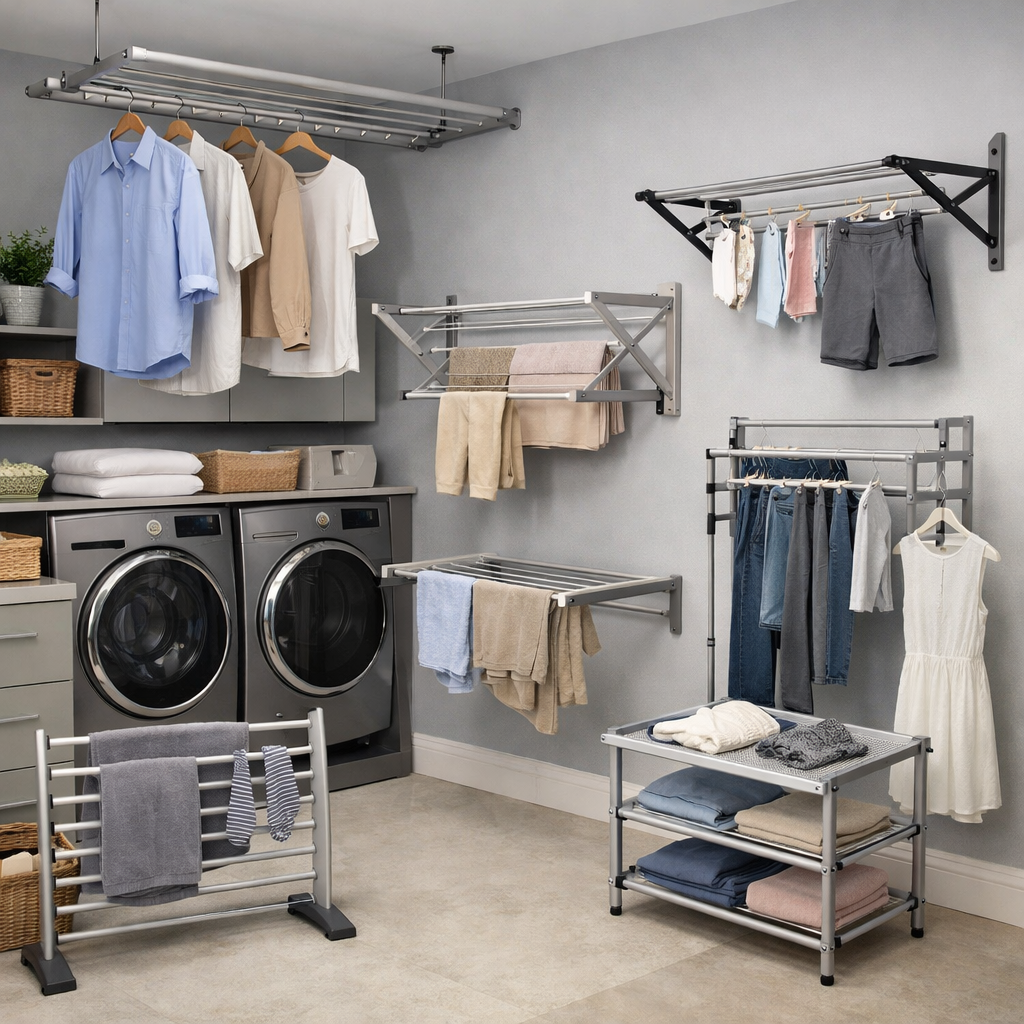 A modern laundry room featuring various drying solutions including hanging racks and foldable drying racks.