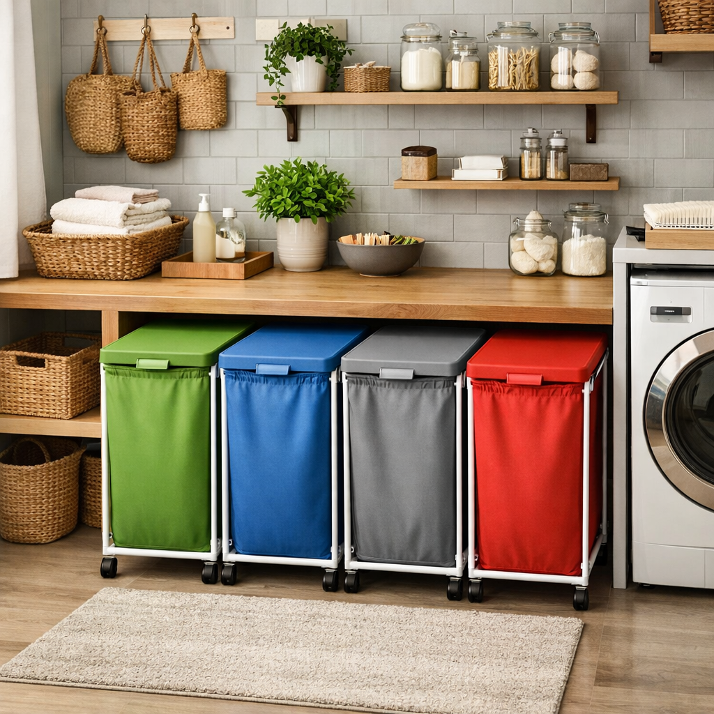 Colorful interactive laundry sorting bins in a stylish laundry room