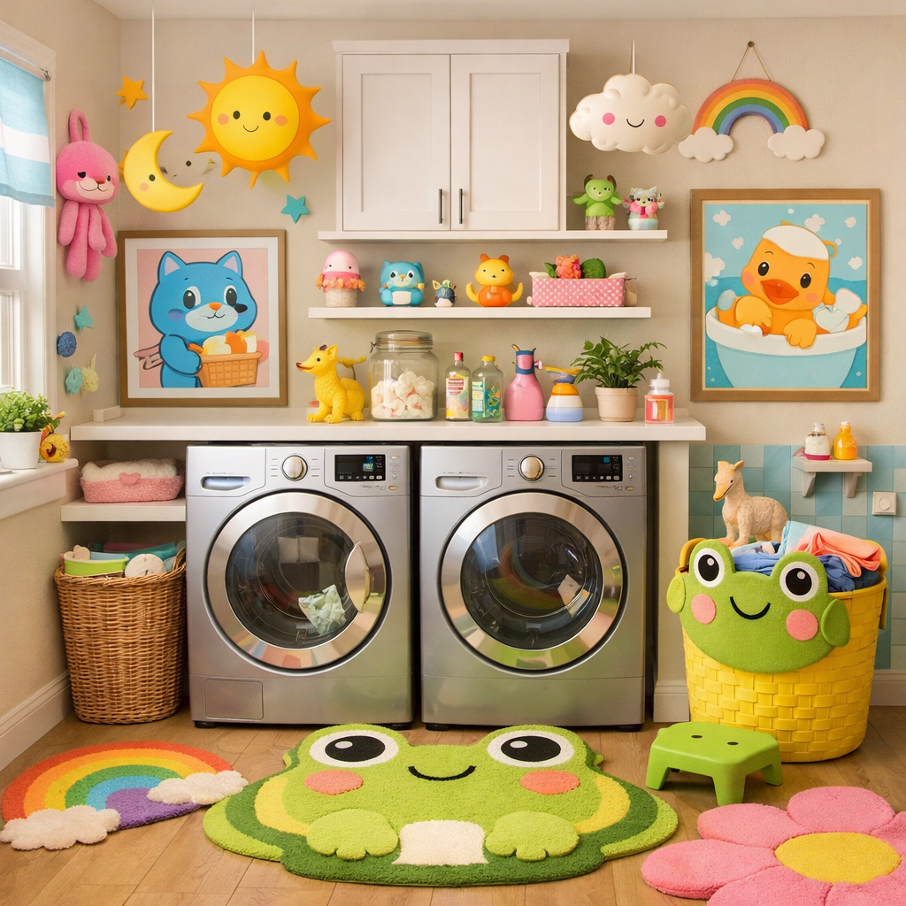 A colorful and playful laundry room featuring a frog-shaped rug, plush toys, and vibrant decor.