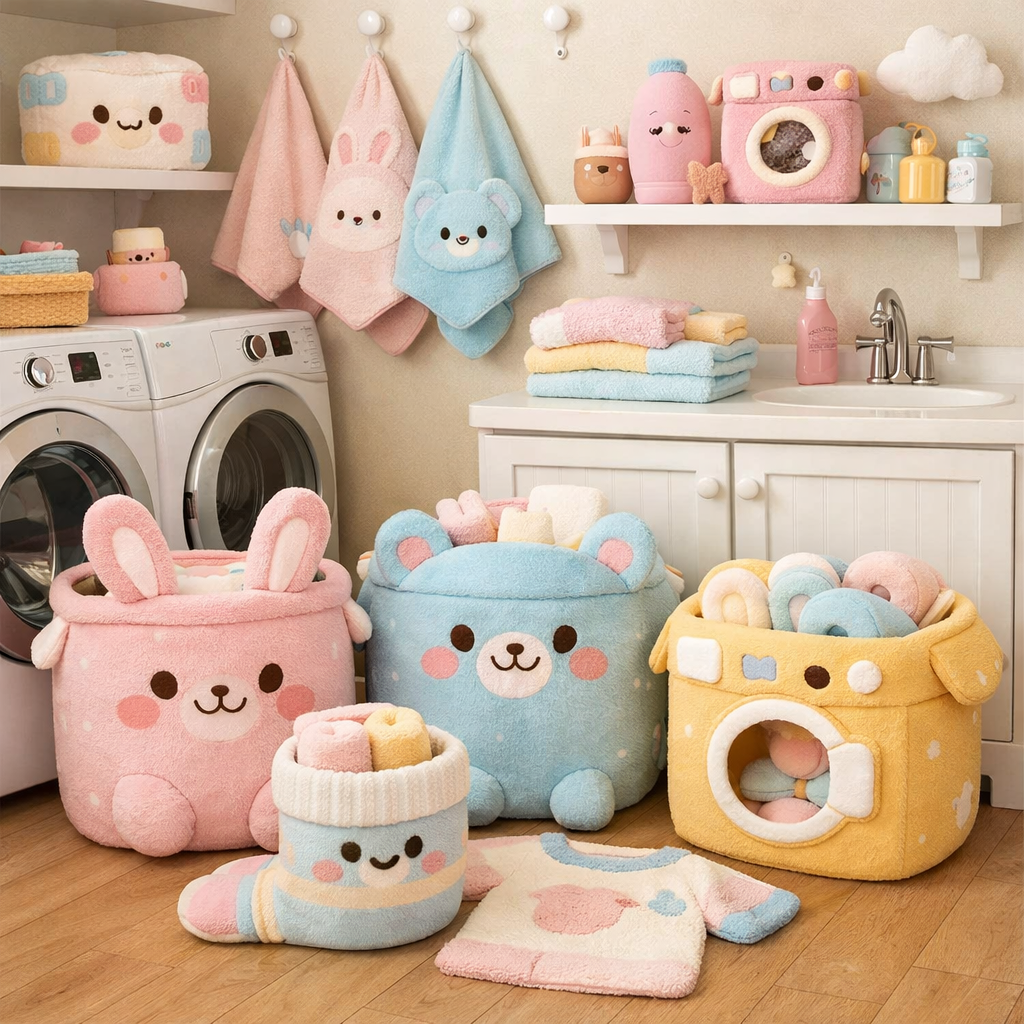 A cozy laundry room filled with cute themed laundry accessories including plush storage baskets and colorful towels.