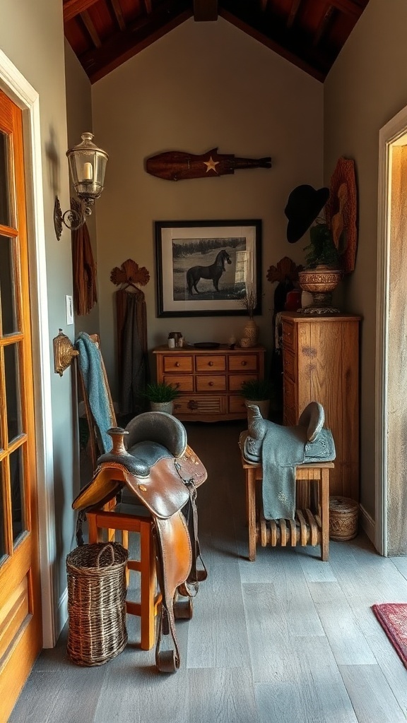 A cozy entrance featuring antique saddle displays and rustic decor elements.
