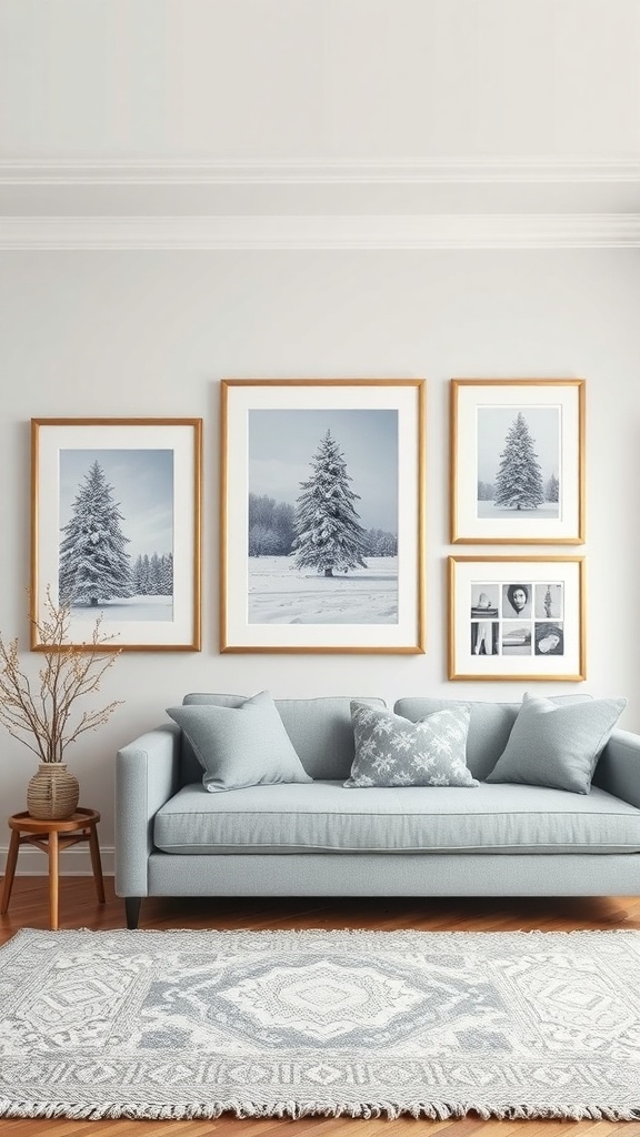 A cozy winter living room featuring framed artwork of snowy landscapes on the wall above a light blue couch.
